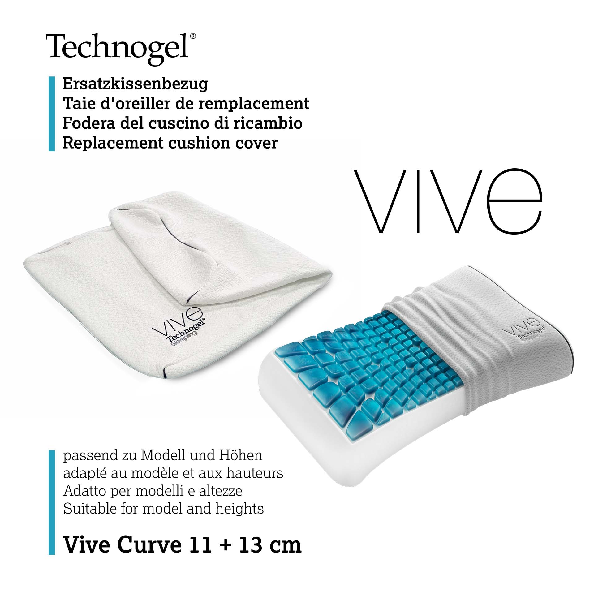 Housse de rechange pour oreiller Technogel VIVE Curve, hauteurs 7 et 9 cm